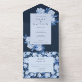 Whimsical Blue Floral Waterverf Wedding All In One Uitnodiging (Binnen)