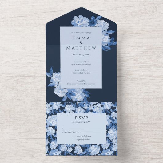 Whimsical Blue Floral Waterverf Wedding All In One Uitnodiging (Binnen)