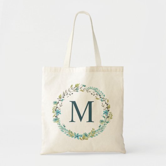 Whimsical Blue Floral Wreath Monogram Tote Bag (Voorkant)