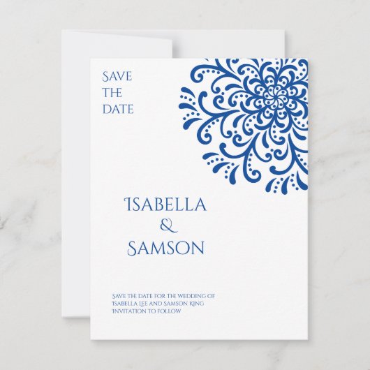 Whimsical Blue Flourish Save the Date (Voorkant)