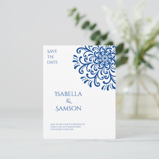 Whimsical Blue Flourish Save the Date (Staand voorkant)