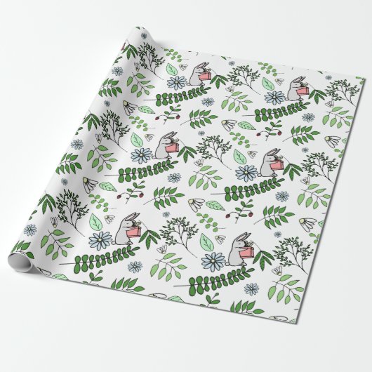 Whimsical Blue Flowers Rabbit en Forest Leaves Cadeaupapier (Uitgerold)