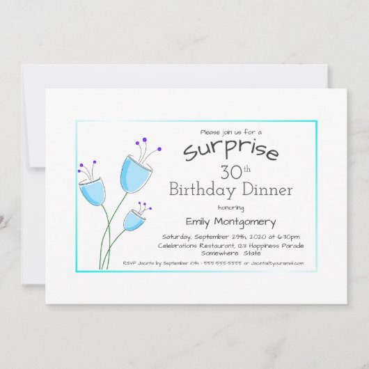 Whimsical Blue Flowers Surprise 30th Birthday Kaart (Voorkant)