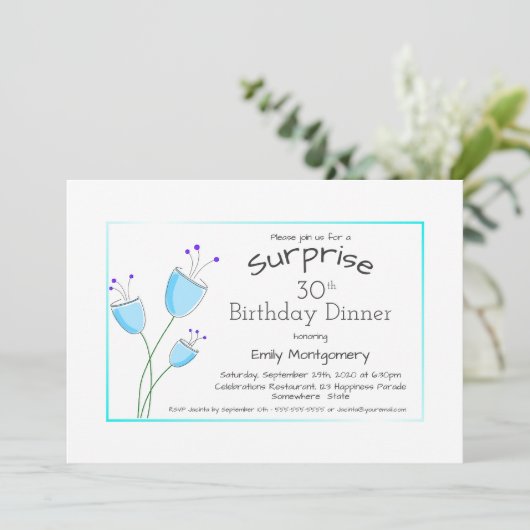 Whimsical Blue Flowers Surprise 30th Birthday Kaart (Staand voorkant)