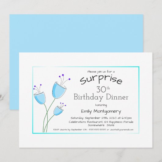 Whimsical Blue Flowers Surprise 30th Birthday Kaart (Voorkant / Achterkant)