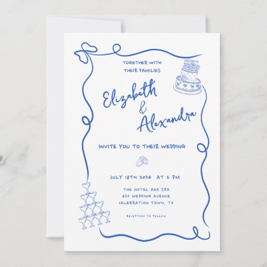 Whimsical Blue Franse Hand getrokken bruiloft Kaart (Voorkant)