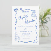 Whimsical Blue Franse Hand getrokken bruiloft Kaart (Staand voorkant)