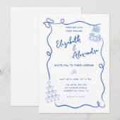 Whimsical Blue Franse Hand getrokken bruiloft Kaart (Voorkant / Achterkant)