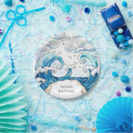 Whimsical Blue Fun Ocean Waves Verjaardag Papieren Bordje
