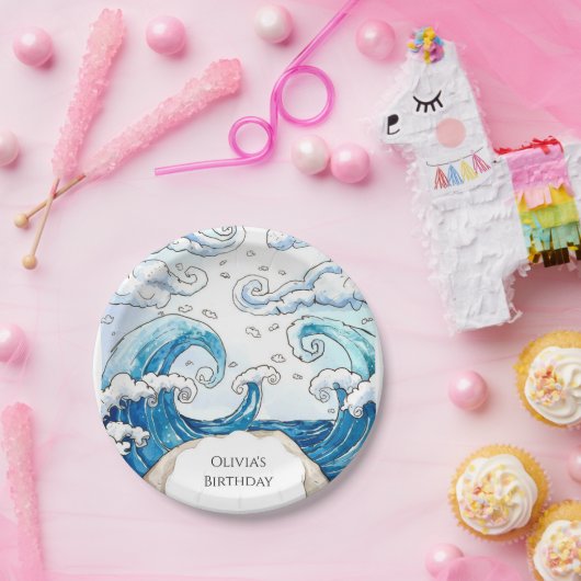Whimsical Blue Fun Ocean Waves Verjaardag Papieren Bordje (Feest)