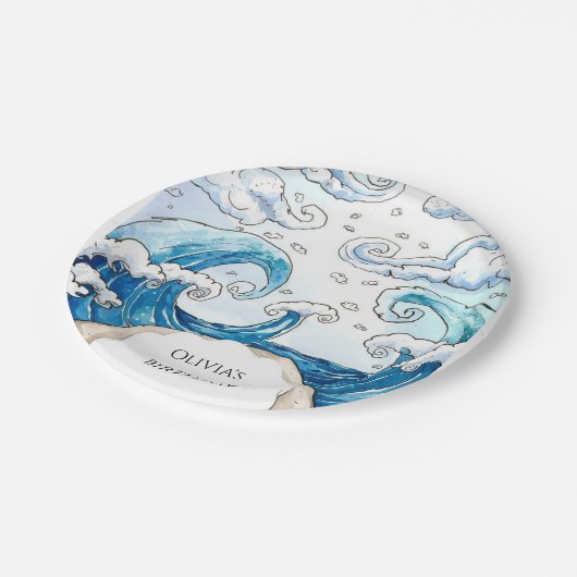 Whimsical Blue Fun Ocean Waves Verjaardag Papieren Bordje (Gekanteld)