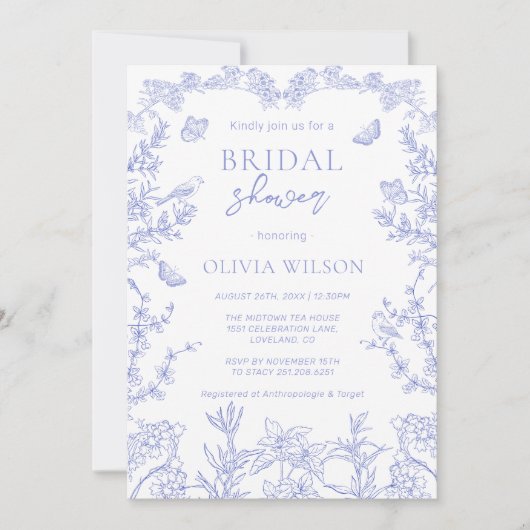 Whimsical Blue Garden Chinoiserie Vrijgezellenfees Kaart (Voorkant)