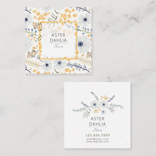 Whimsical Blue Gellow Flowers Vierkante Visitekaartje (Voorkant / Achterkant)