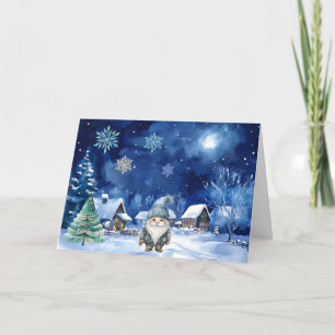 Whimsical Blue Gnome & Snowflakes Kerst Kaart