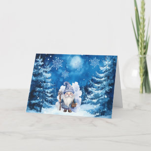 Whimsical Blue Gnome & Snowflakes Kerst Kaart