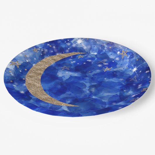 Whimsical Blue Gold Bronze Moon Stars Baby shower Papieren Bordje (Gekanteld)