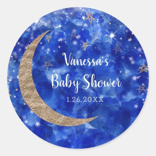 Whimsical Blue Gold Bronze Moon Stars Baby shower Ronde Sticker (Voorkant)