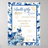 Whimsical Blue Gold Butterfly Kisses Baby shower Poster (Voorkant)