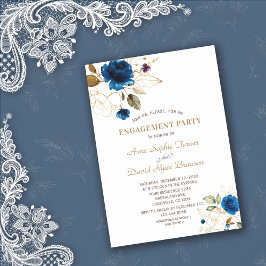 Whimsical Blue Gold Floral Monogram Verloving Kaart