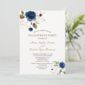 Whimsical Blue Gold Floral Monogram Verloving Kaart (Staand voorkant)