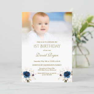 Whimsical Blue Gold Flowers Foto van 1 september Kaart