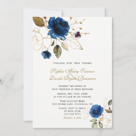 Whimsical Blue Gold Flowers Monogram Weddenschap Kaart
