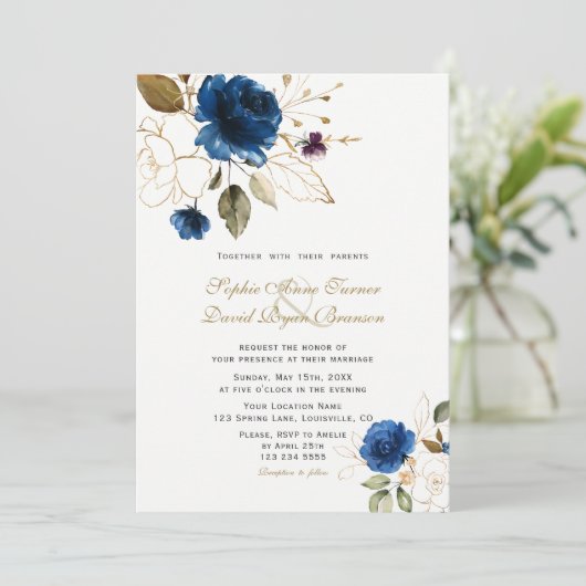 Whimsical Blue Gold Flowers Monogram Weddenschap Kaart (Staand voorkant)