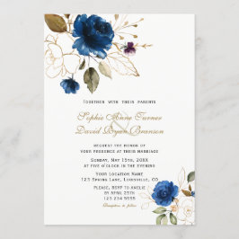 Whimsical Blue Gold Flowers Monogram Weddenschap Kaart