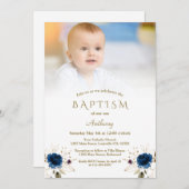 Whimsical Blue Gold Flowers Photo Boy Baptisme Inv Kaart (Voorkant / Achterkant)
