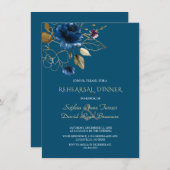 Whimsical Blue Gold Flowers Rehearsal Dinner Kaart (Voorkant / Achterkant)