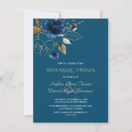 Whimsical Blue Gold Flowers Rehearsal Dinner Kaart