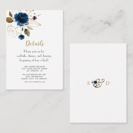 Whimsical Blue Gold Flowers Weddenschap Details Informatiekaartje (Voorkant / Achterkant)