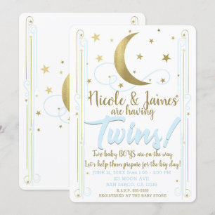 Whimsical Blue Gold Moon Stars Twins Baby shower Kaart