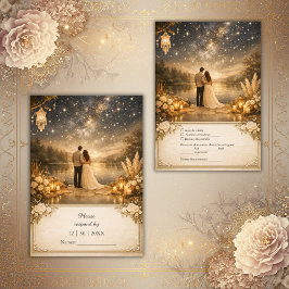 Whimsical Blue Gold Starry Night outdoor wedding RSVP Kaartje