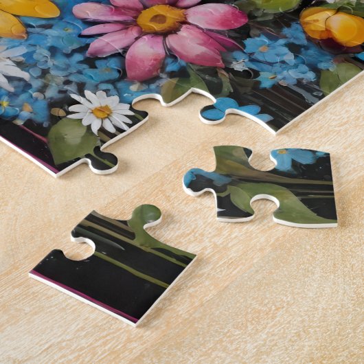 Whimsical Blue Hair Girl met bloemen Verf Druppels Legpuzzel (Zijkant)