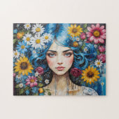 Whimsical Blue Hair Girl met bloemen Verf Druppels Legpuzzel (Horizontaal)