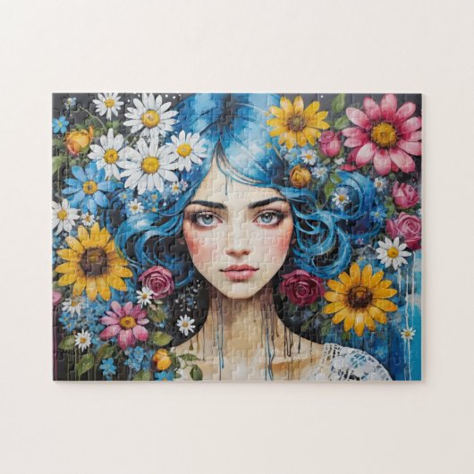 Whimsical Blue Hair Girl met bloemen Verf Druppels Legpuzzel (Horizontaal)