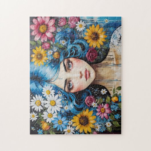 Whimsical Blue Hair Girl met bloemen Verf Druppels Legpuzzel (Verticaal)