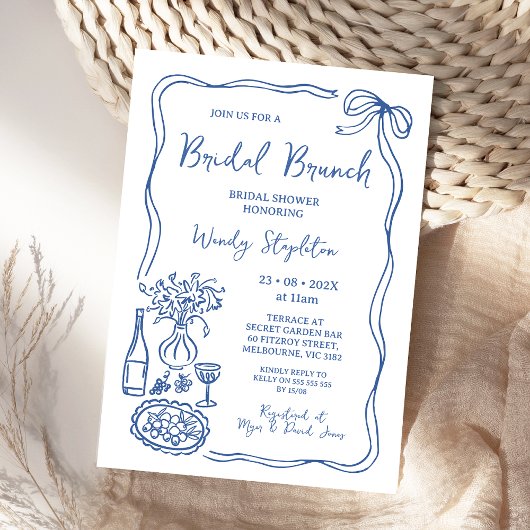 Whimsical Blue Hand Drawn Brunch Vrijgezellenfeest Kaart