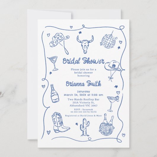 Whimsical Blue Hand Drawn Cowgirl Vrijgezellenfees Kaart (Voorkant)