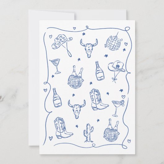 Whimsical Blue Hand Drawn Cowgirl Vrijgezellenfees Kaart (Achterkant)