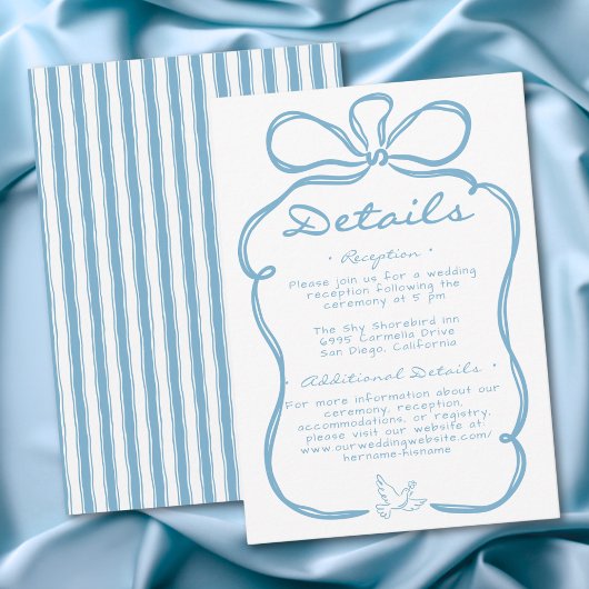 Whimsical Blue Hand Drawn Floral Stripe Wedding Informatiekaartje