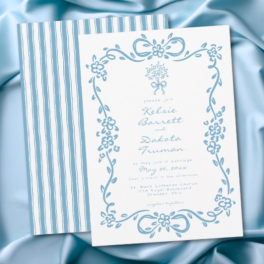 Whimsical Blue Hand Drawn Floral Stripe Wedding Kaart