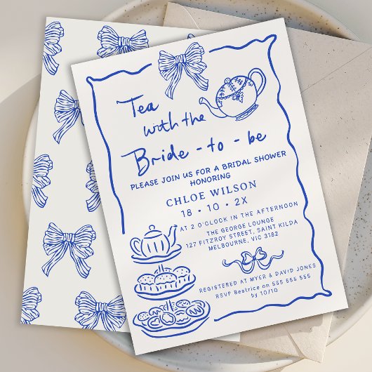 Whimsical Blue Hand Drawn Tea Vrijgezellenfeest Kaart