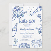 Whimsical Blue Hand getekend 30ste verjaardagsfees Kaart (Voorkant)