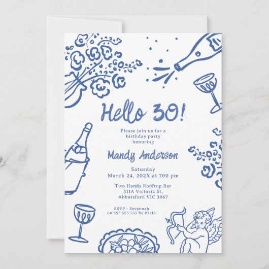 Whimsical Blue Hand getekend 30ste verjaardagsfees Kaart (Voorkant)