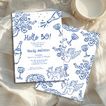 Whimsical Blue Hand getekend 30ste verjaardagsfees Kaart<br><div class="desc">Whimsical Blue Hand Drawn 30th Birthday Party Invitation Vetgedrukte en blauwe hand getekende verjaardagsfeestuitnodiging met enkele bloemen,  champagnefles,  glazen eten en cherub. Alle tekst is bewerkbaar waardoor dit een zeer veelzijdige partij sjabloon die kan worden gebruikt voor elke leeftijd.</div>