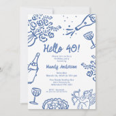 Whimsical Blue Hand getekend 40ste verjaardagsfees Kaart (Voorkant)
