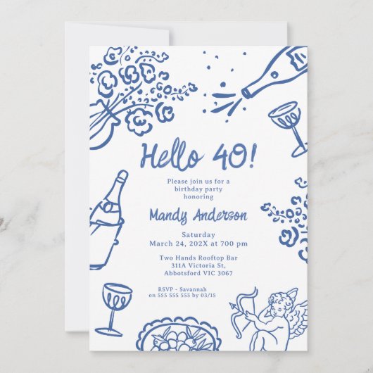 Whimsical Blue Hand getekend 40ste verjaardagsfees Kaart (Voorkant)