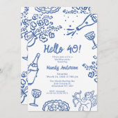 Whimsical Blue Hand getekend 40ste verjaardagsfees Kaart (Voorkant / Achterkant)